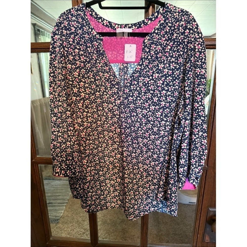 Dalia Women 3X Navy Blue Pink Floral Split V-Neck 3/4 Sleeve Blouse Feminine